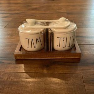 Rae Dunn jam and jelly set little spoon wood tray.
